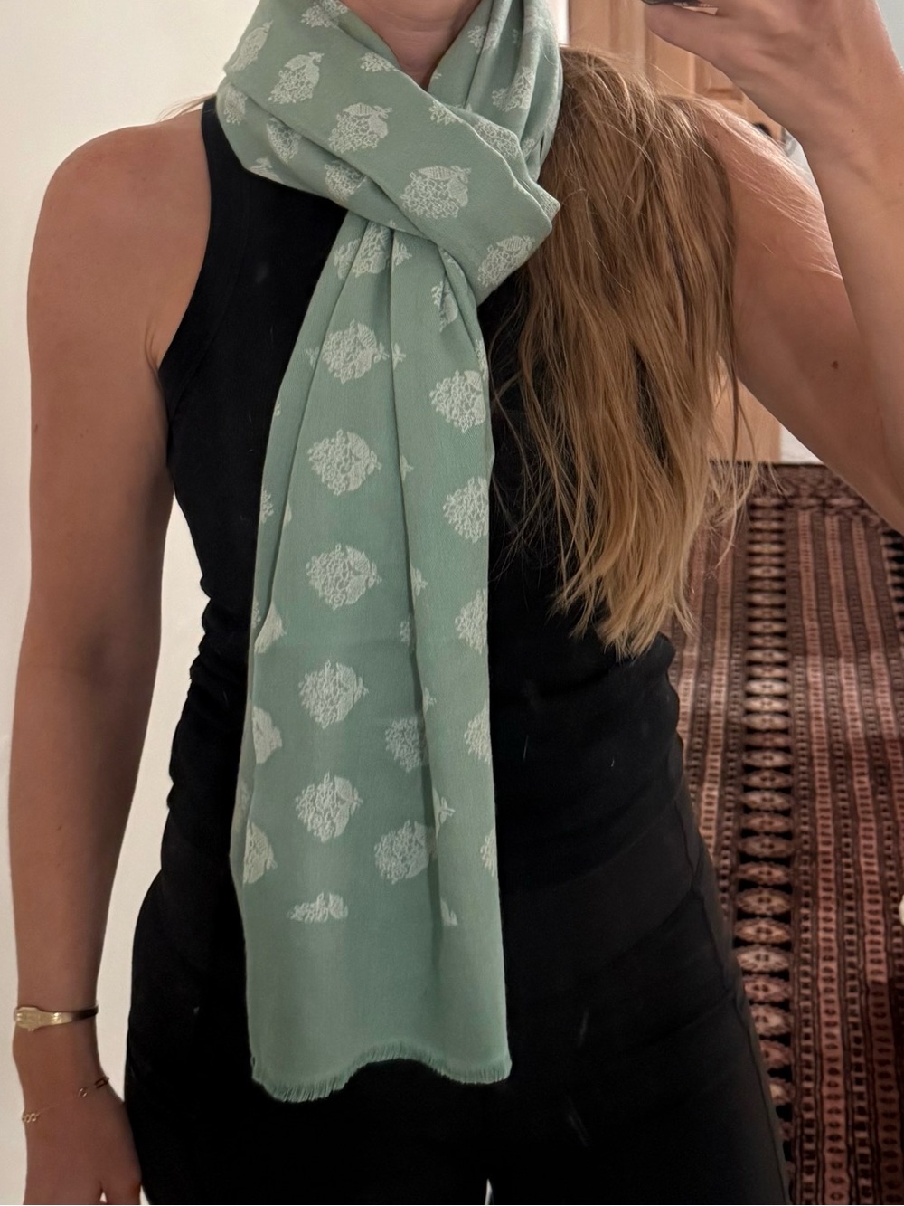 Bajra Pashmina cashmere and silk Light Sage handmade Scarf with Asian pattern-